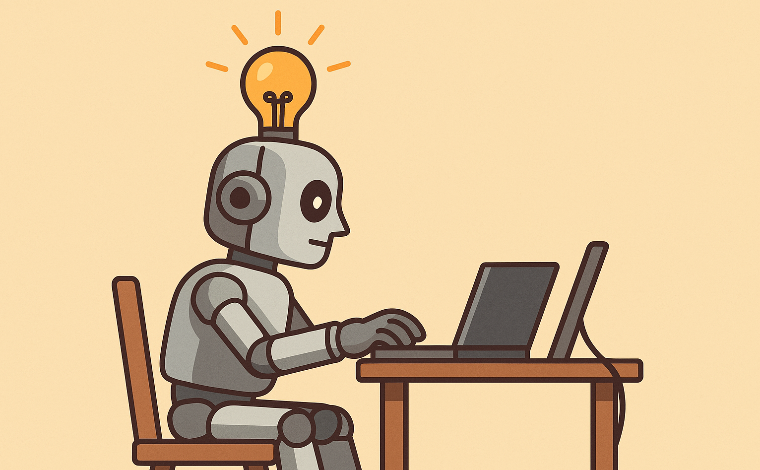 AI-generated image of robot on laptop with a thought on its mind